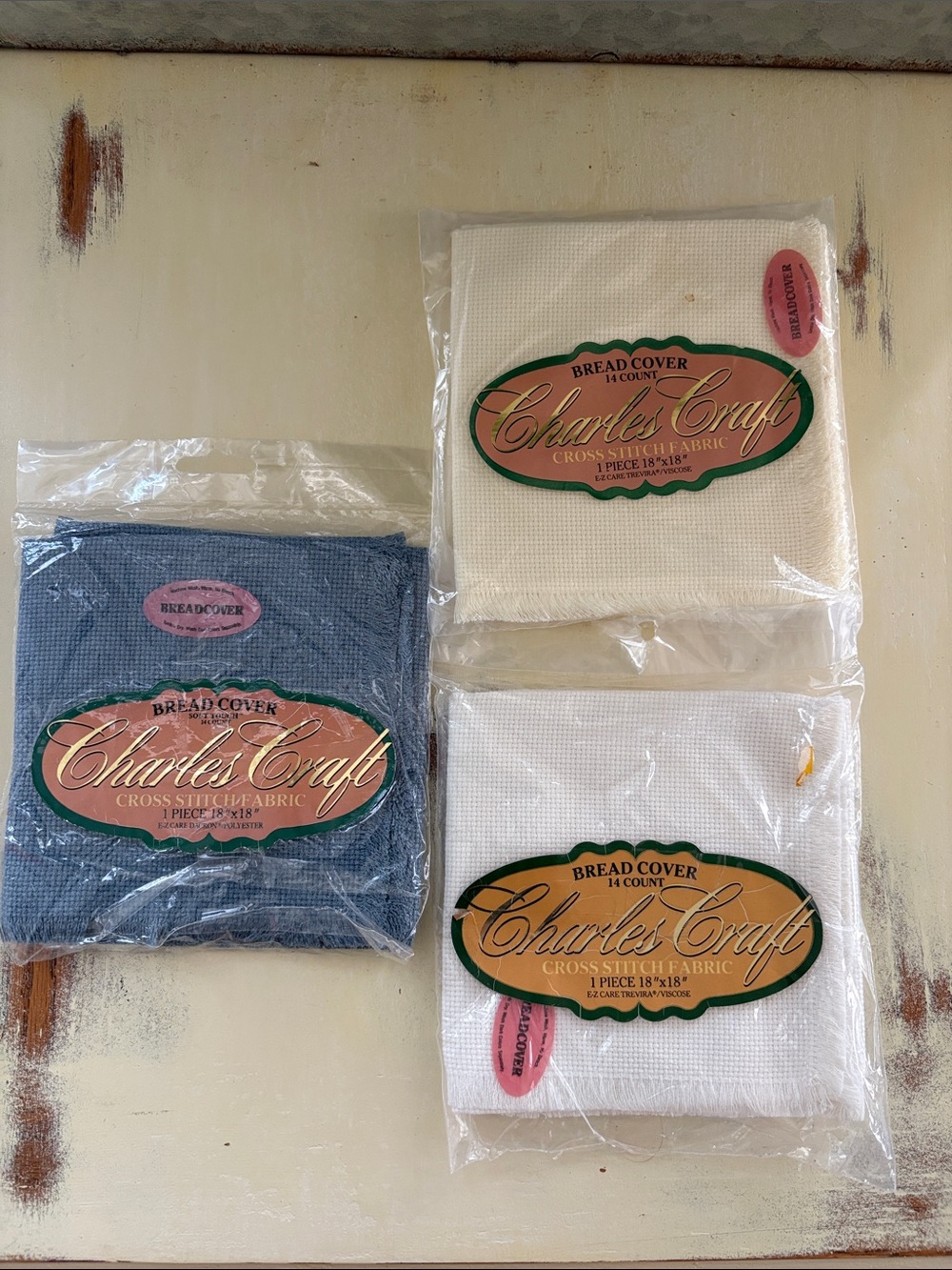 Charles Craft Cross stitch 14 count fabric Bread Cover 18”x18” Vintage Arts NEW